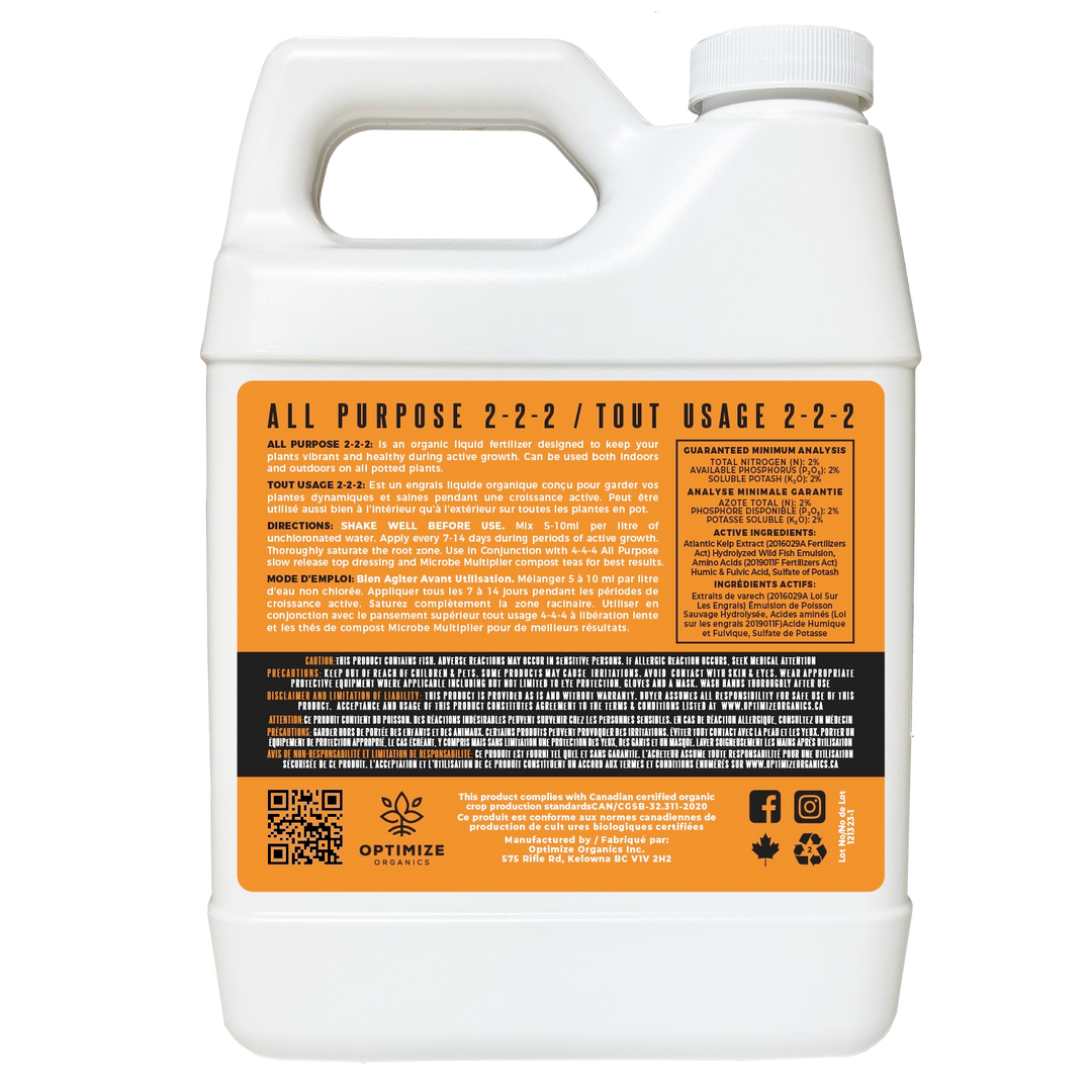 the label on a bottle of organic liquid fertilizer 2-2-2 All Purpose