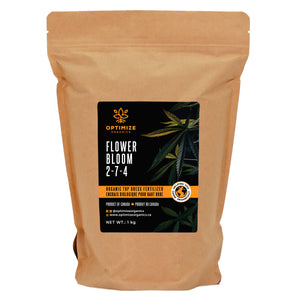 1KG Bag of Optimize Organics' 2-7-4 flower bloom fertilizer. It boosts phosphorus and potassium, enhancing vibrant blooms and healthy plant growth.