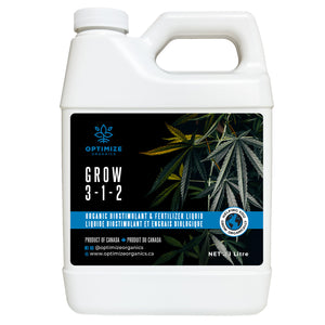 1L Bottle of Optimize Organics' 3-1-2 Grow—organic liquid fertilizer that supports lush canopy, strong roots & fast growth.