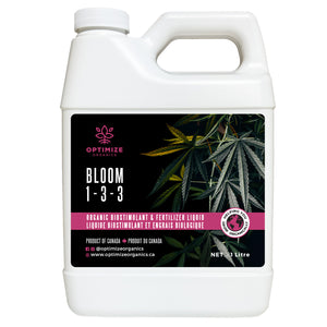 1L Bottle of Optimize Organics' 1-3-3 Bloom liquid fertilizer. It enhances flower development with essential nutrients for vibrant, healthy blooms.