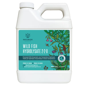 1L Bottle of Optimize Organics' 2-2-0 Wild Fish Hydrolysate Liquid: cold-processed fertilizer rich in amino acids, enhancing soil microbes and plant growth.