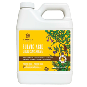 1L Bottle of Optimize Organics Fulvic Acid Liquid Concentrate – enhances nutrient uptake, root growth, and plant vigor.